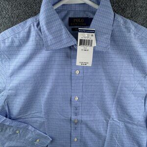 NWT Polo Ralph Lauren Men EASY CARE Button Up Shirt BLUE WHITE 17 36/37 Adult